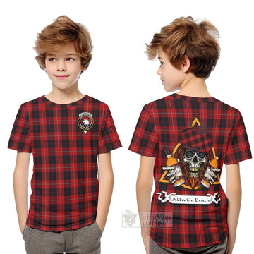 Cunningham Tartan Kid T-Shirt with Family Crest and Bearded Skull Holding Bottles of Whiskey