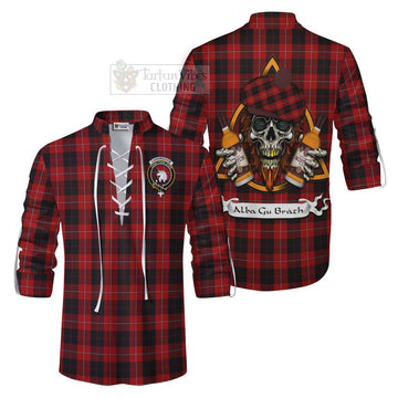 Cunningham Tartan Ghillie Kilt Shirt with Family Crest and Bearded Skull Holding Bottles of Whiskey