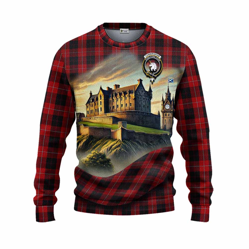 Cunningham Tartan Family Crest Knitted Sweater with Scottish Ancient Castle Style Unisex - Tartan Vibes Clothing