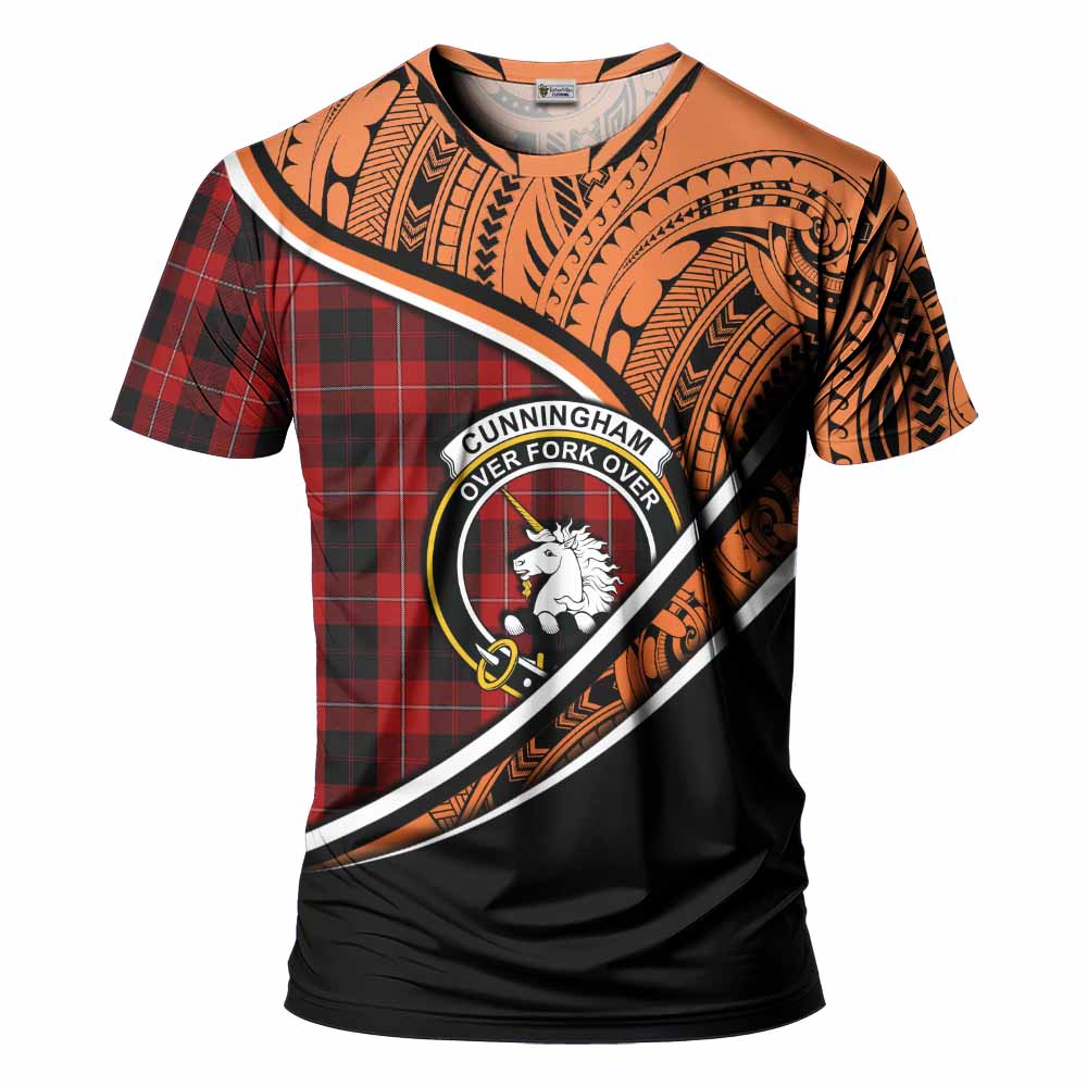 Tartan Vibes Clothing Cunningham Crest Tartan T-Shirt with Maori Tattoo Style - Orange Version