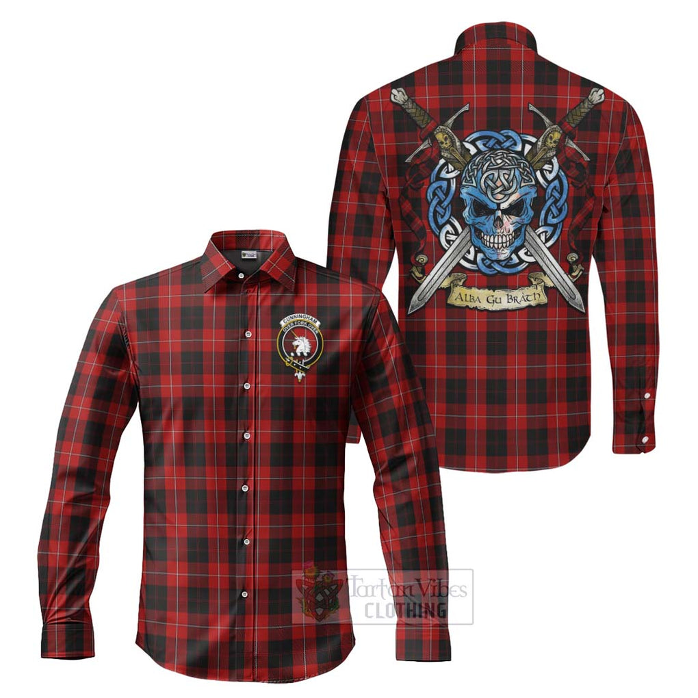 Tartan Vibes Clothing Cunningham Tartan Long Sleeve Button Shirt with Family Crest Celtic Skull Style