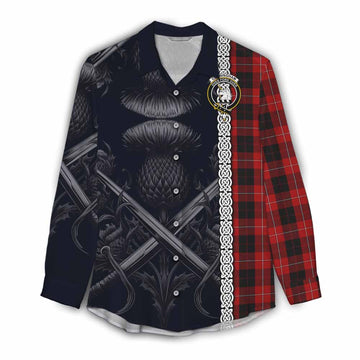 Cunningham Tartan Women's Casual Shirt with Family Crest Cross Sword Thistle Celtic Vibes