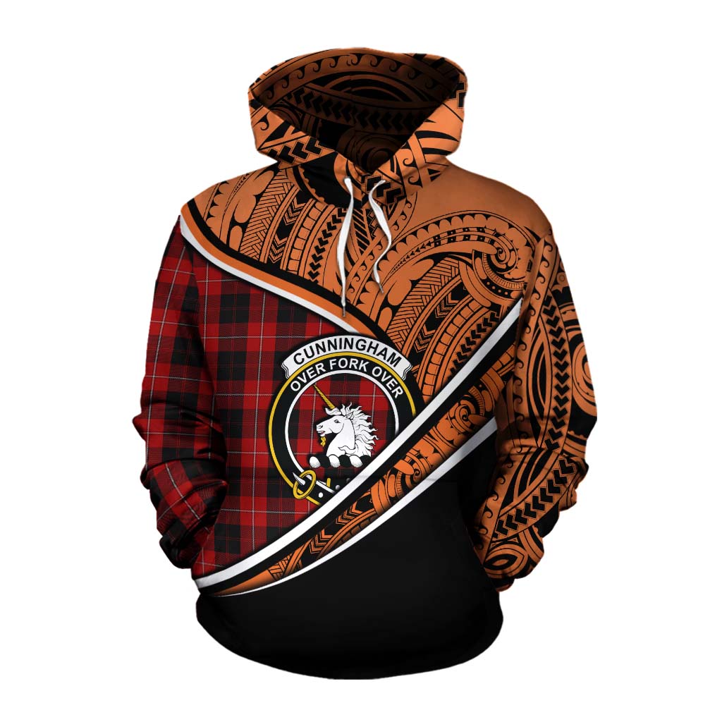 Tartan Vibes Clothing Cunningham Crest Tartan Cotton Hoodie with Maori Tattoo Style - Orange Version