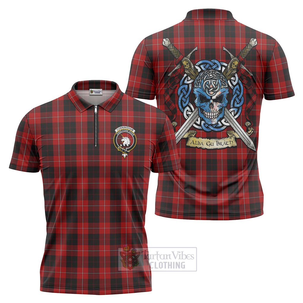 Tartan Vibes Clothing Cunningham Tartan Zipper Polo Shirt with Family Crest Celtic Skull Style