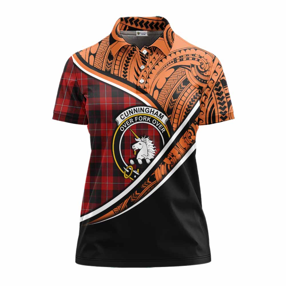 Tartan Vibes Clothing Cunningham Crest Tartan Women's Polo Shirt with Maori Tattoo Style - Orange Version