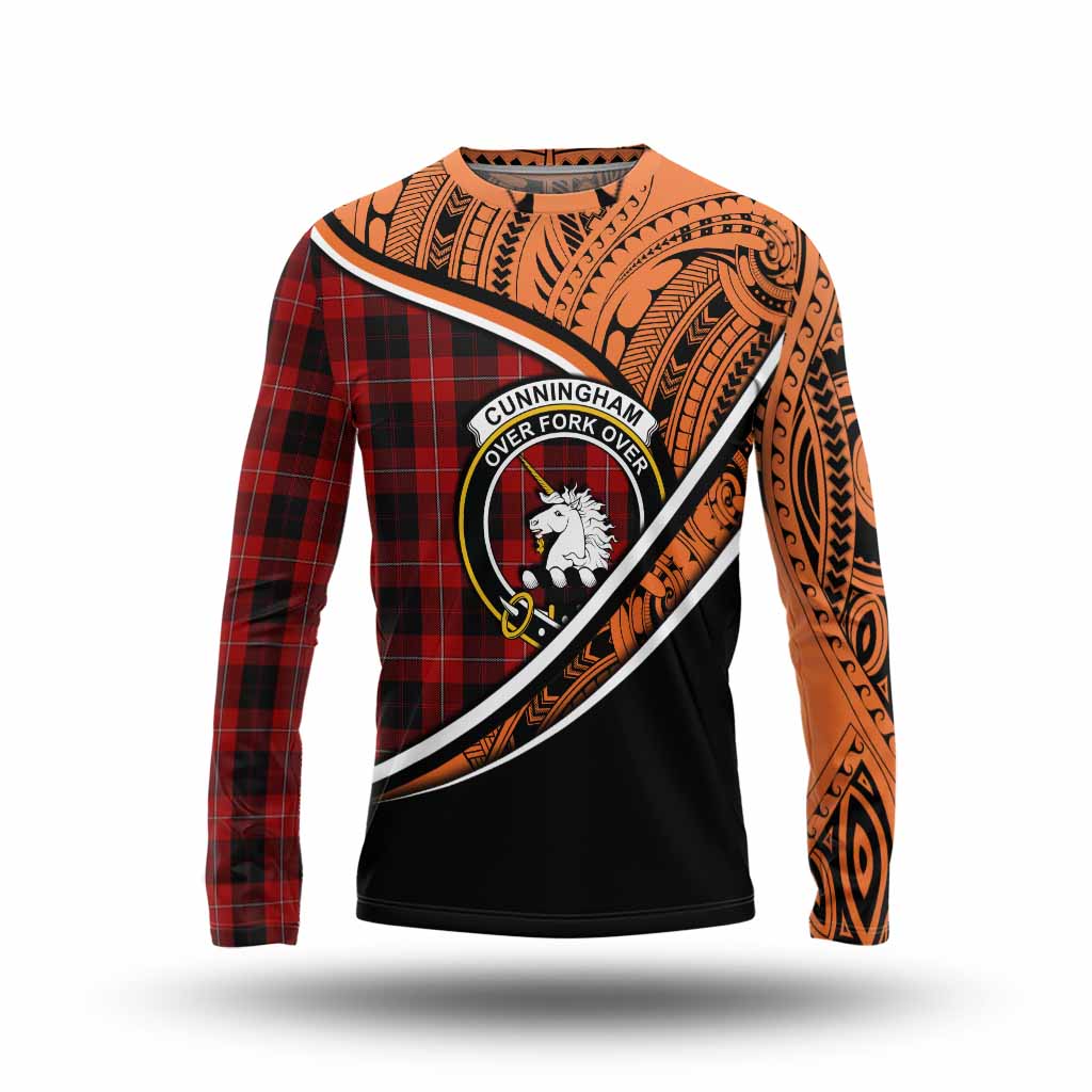 Tartan Vibes Clothing Cunningham Crest Tartan Long Sleeve T-Shirt with Maori Tattoo Style - Orange Version