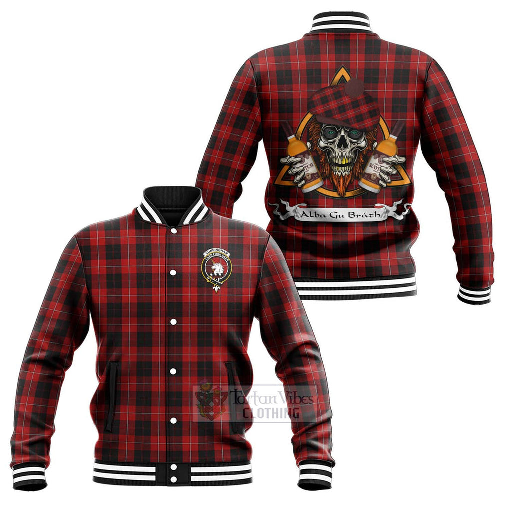 Tartan Vibes Clothing Cunningham Tartan Baseball Jacket with Family Crest and Bearded Skull Holding Bottles of Whiskey