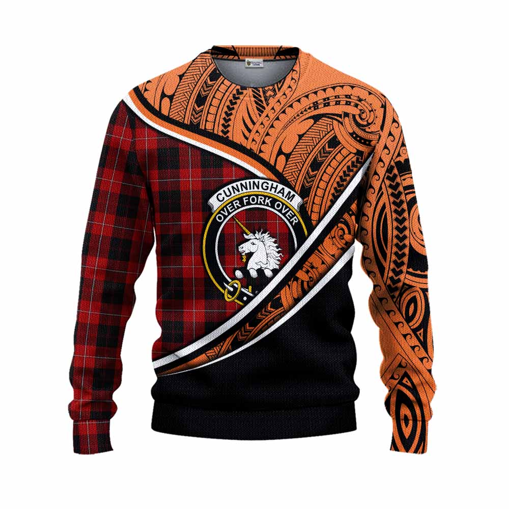 Tartan Vibes Clothing Cunningham Crest Tartan Knitted Sweater with Maori Tattoo Style - Orange Version