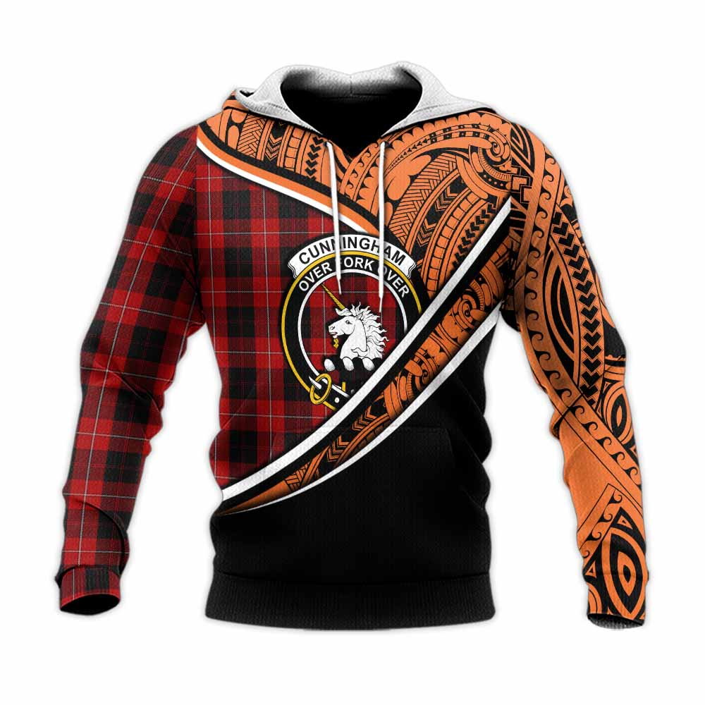 Tartan Vibes Clothing Cunningham Crest Tartan Knitted Hoodie with Maori Tattoo Style - Orange Version