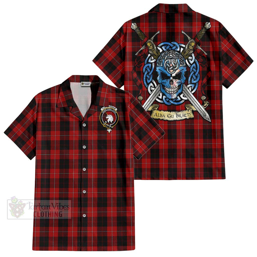 Tartan Vibes Clothing Cunningham Tartan Short Sleeve Button Shirt with Family Crest Celtic Skull Style