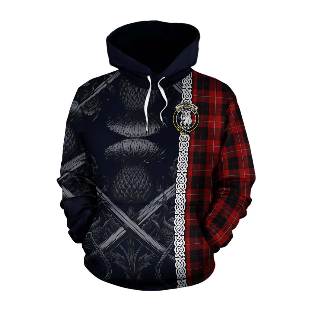 Cunningham Tartan Cotton Hoodie with Family Crest Cross Sword Thistle Celtic Vibes Pullover Hoodie XS - Tartan Vibes Clothing