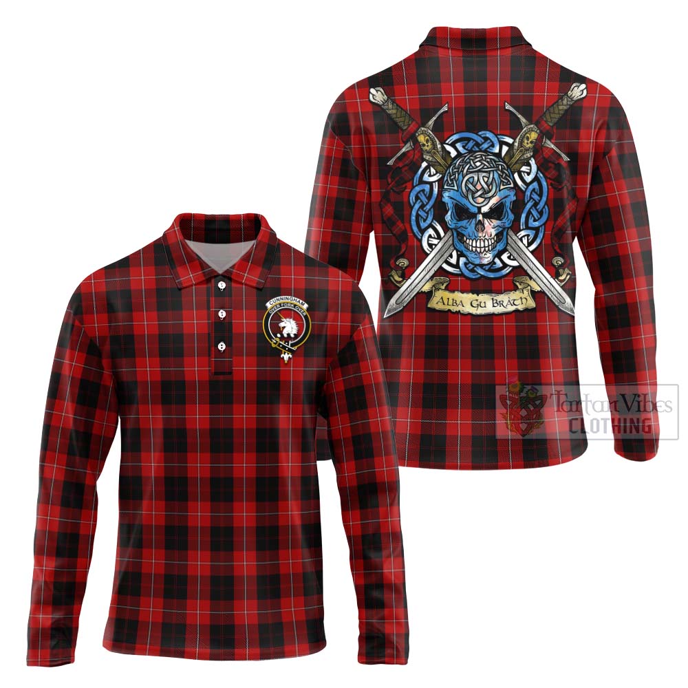 Tartan Vibes Clothing Cunningham Tartan Long Sleeve Polo Shirt with Family Crest Celtic Skull Style