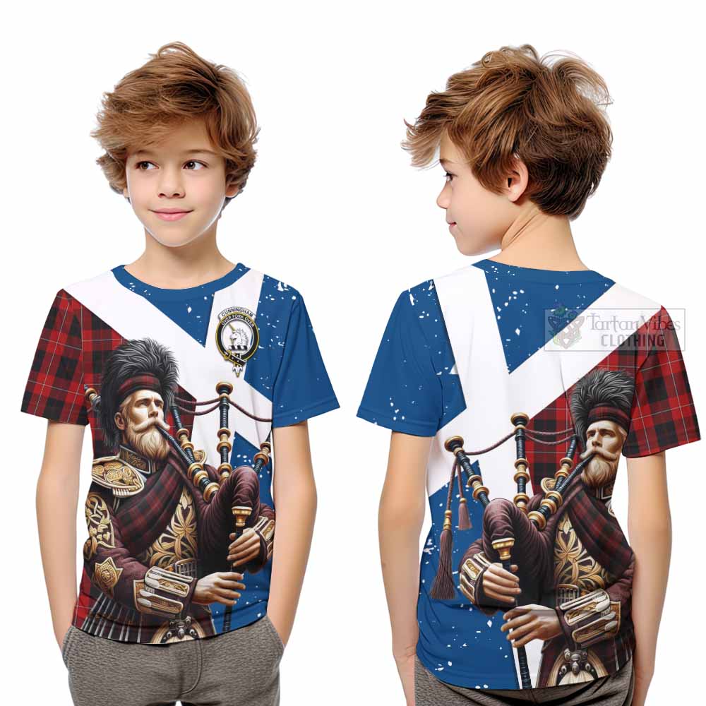 Tartan Vibes Clothing Cunningham Tartan Kid T-Shirt with Family Crest Scottish Bagpiper Vibes