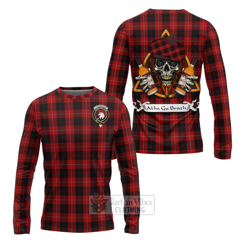 Tartan Vibes Clothing Cunningham Tartan Long Sleeve T-Shirt with Family Crest and Bearded Skull Holding Bottles of Whiskey