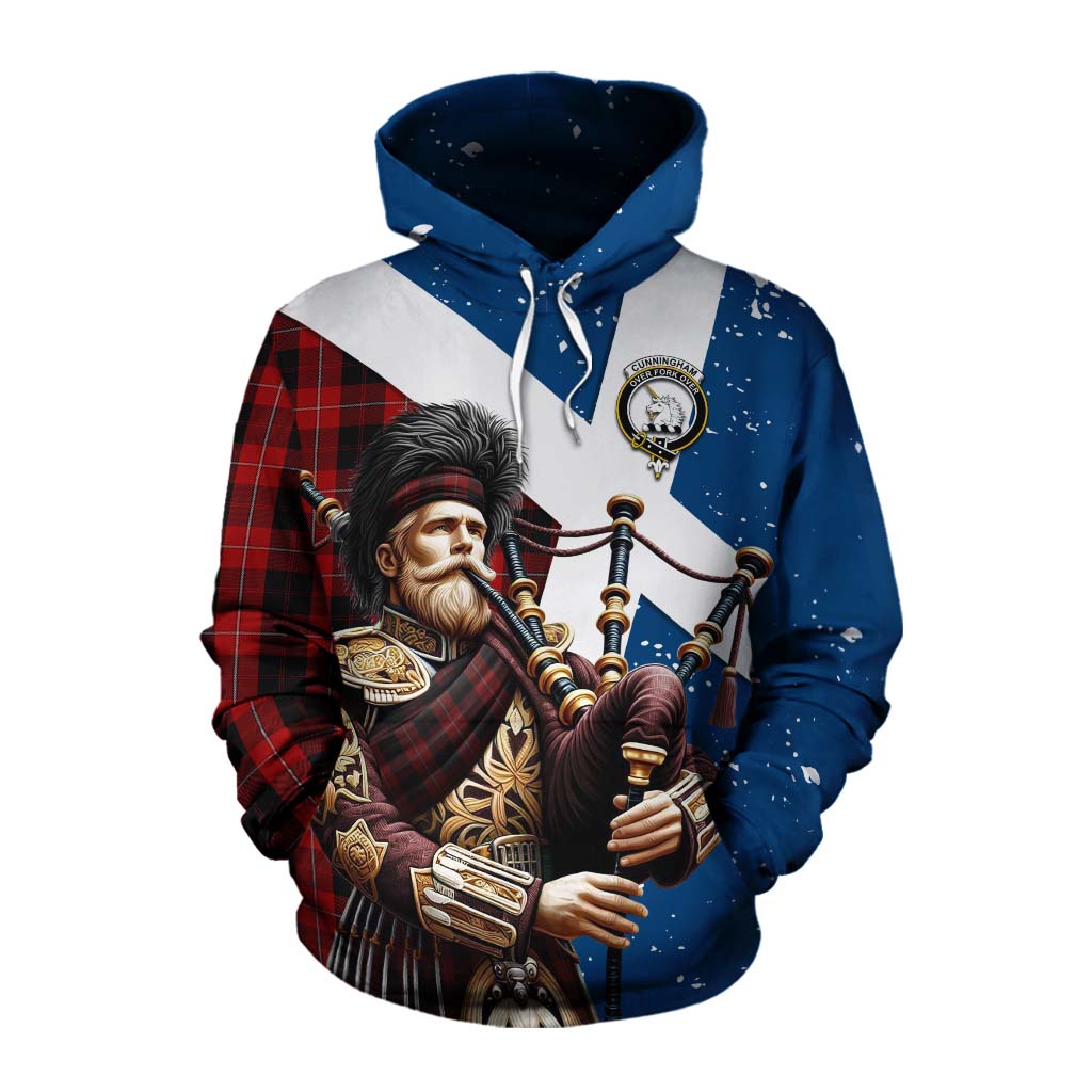 Tartan Vibes Clothing Cunningham Tartan Cotton Hoodie with Family Crest Scottish Bagpiper Vibes