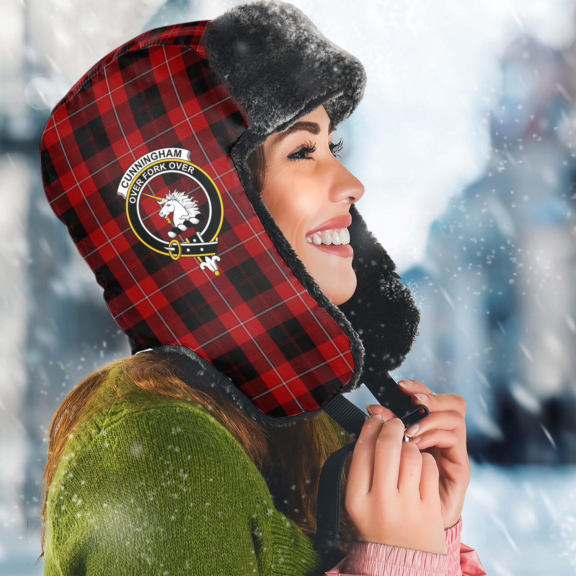 Cunningham Tartan Winter Trapper Hat with Family Crest Winter Trapper Hat Universal Fit Circumference 22.8in (58cm) - Tartanvibesclothing