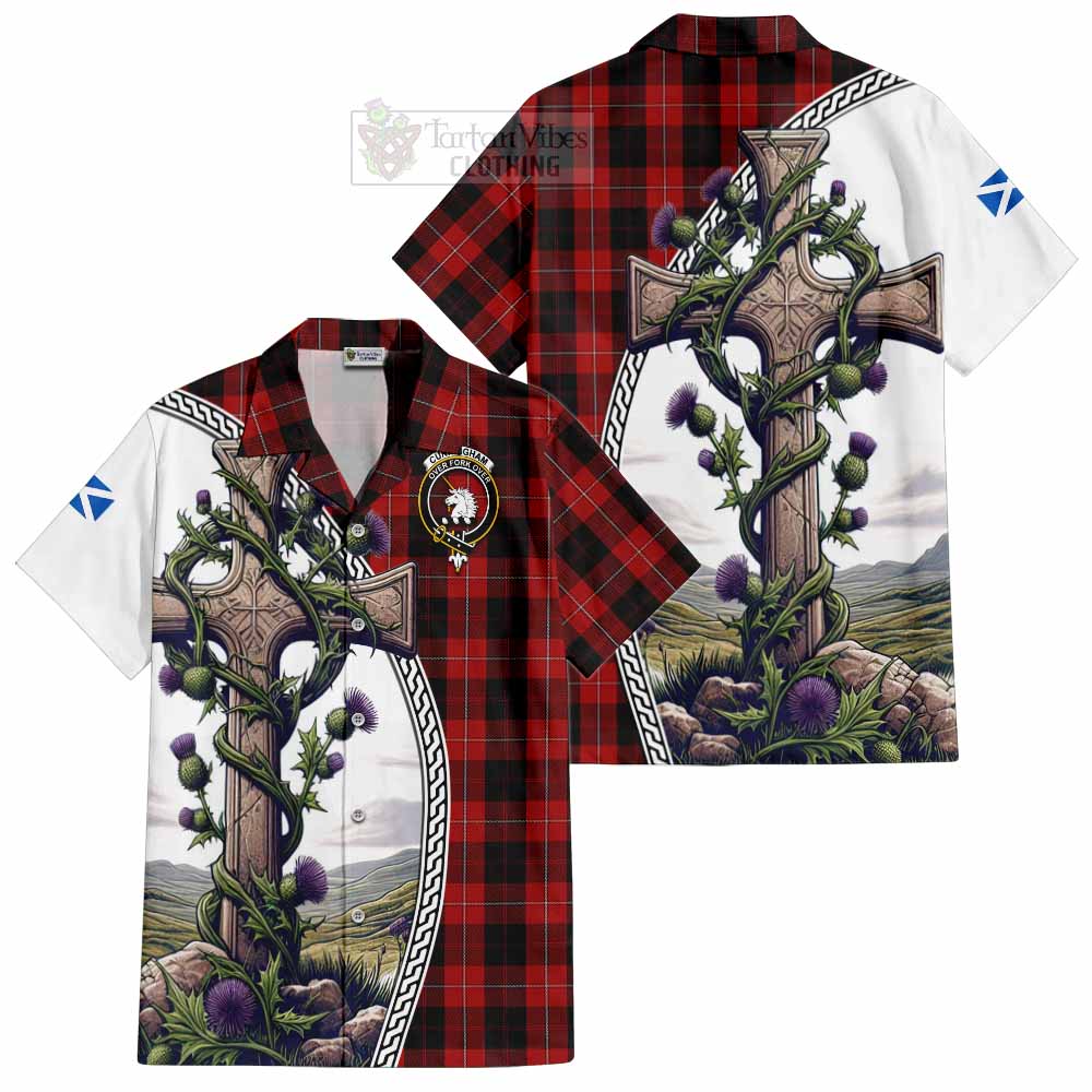 Tartan Vibes Clothing Cunningham Tartan Short Sleeve Button Shirt with Family Crest and St. Andrew's Cross Accented by Thistle Vines