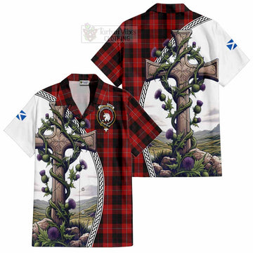 Cunningham Tartan Short Sleeve Button Shirt with Family Crest and St. Andrew's Cross Accented by Thistle Vines