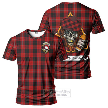 Cunningham Tartan T-Shirt with Family Crest and Bearded Skull Holding Bottles of Whiskey