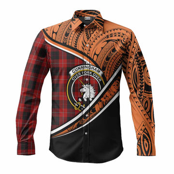 Cunningham Crest Tartan Long Sleeve Button Shirt with Polynesian Vibes Style - Orange Version