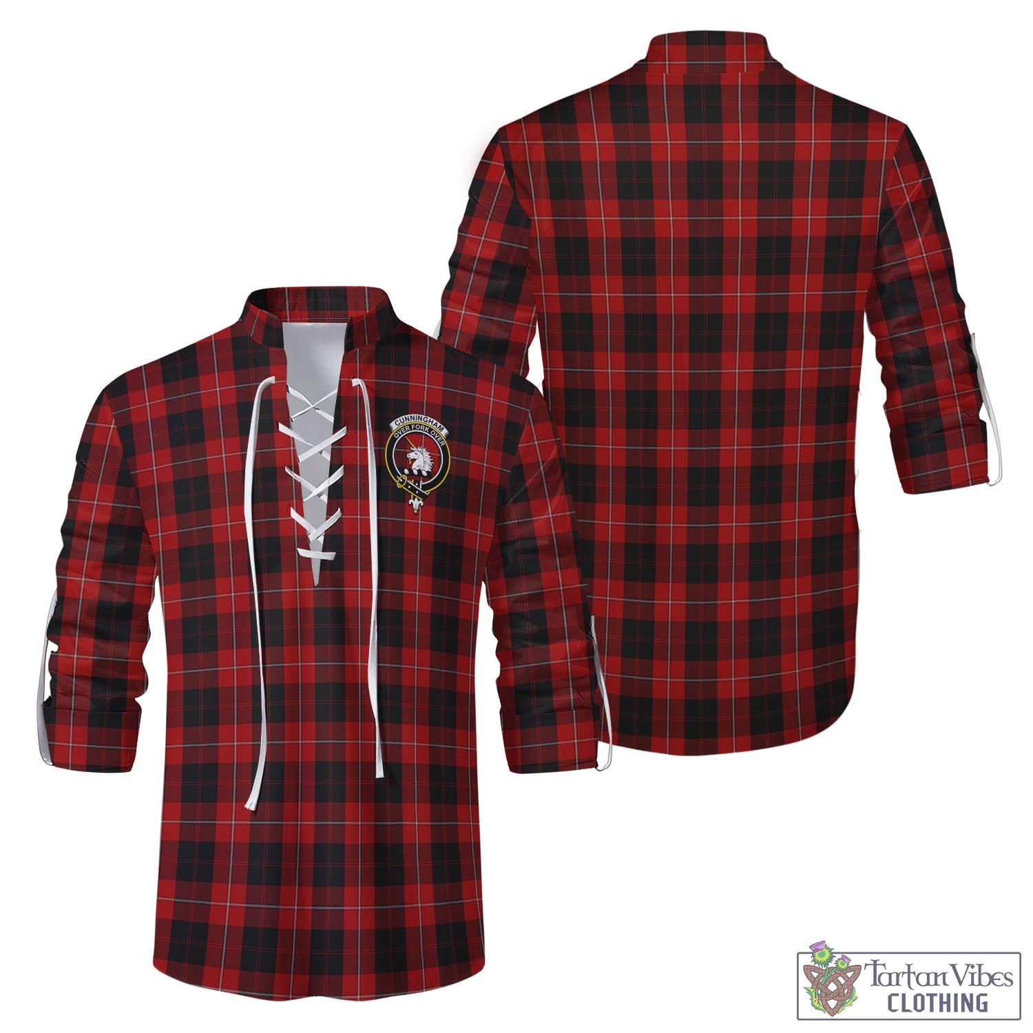 Tartan Vibes Clothing Cunningham Tartan Men's Scottish Traditional Jacobite Ghillie Kilt Shirt with Family Crest