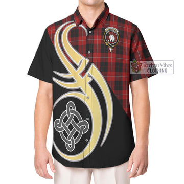 Cunningham Tartan Short Sleeve Button Shirt with Family Crest and Celtic Symbol Style