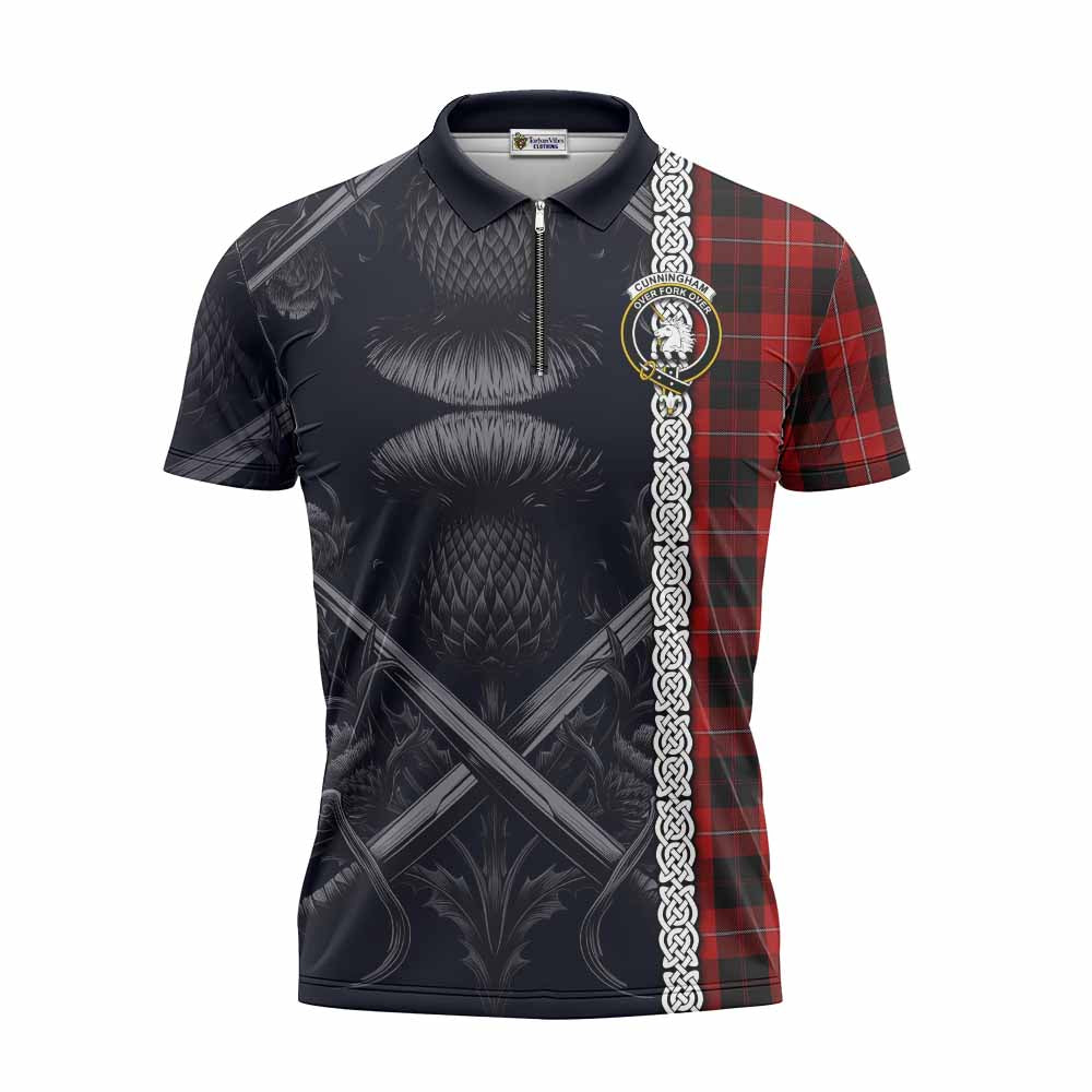 Tartan Vibes Clothing Cunningham Tartan Zipper Polo Shirt with Family Crest Cross Sword Thistle Celtic Vibes