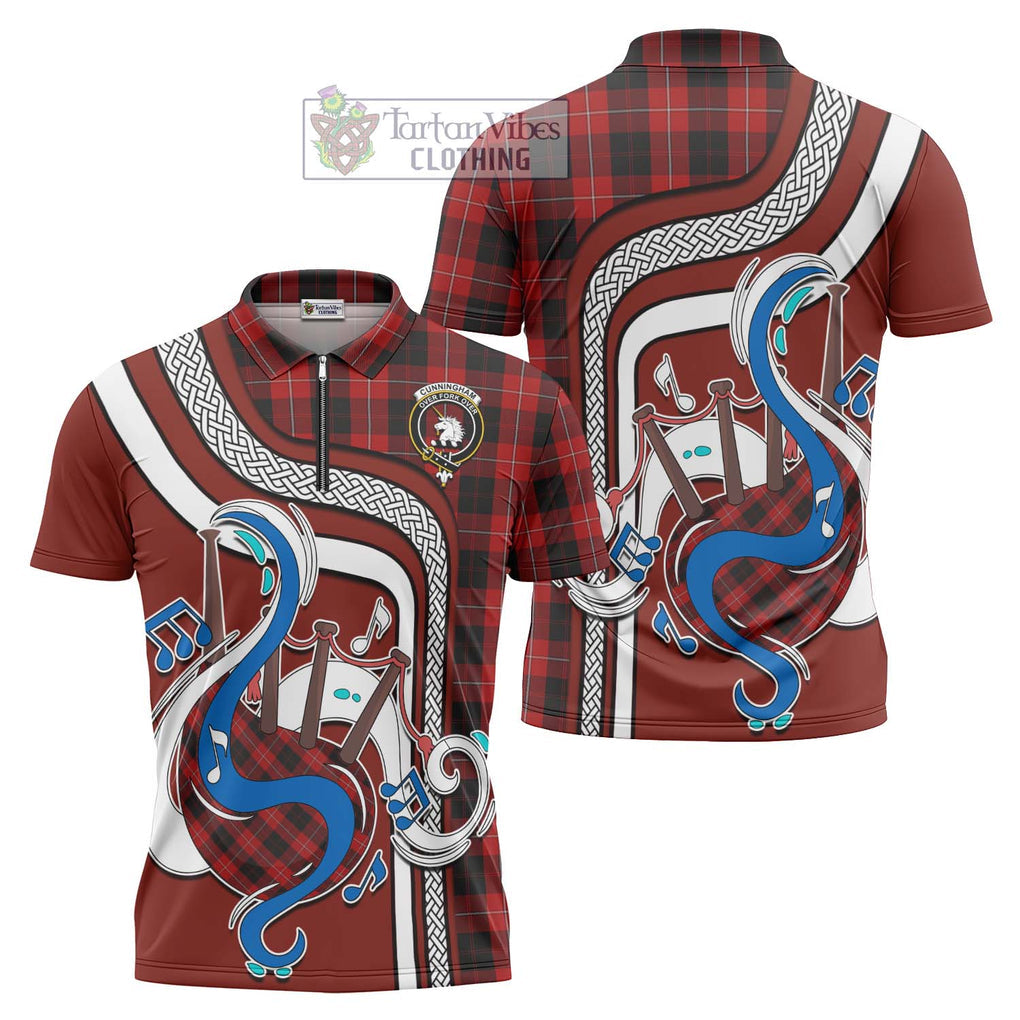 Cunningham Tartan Zipper Polo Shirt with Epic Bagpipe Style Unisex - Tartanvibesclothing Shop