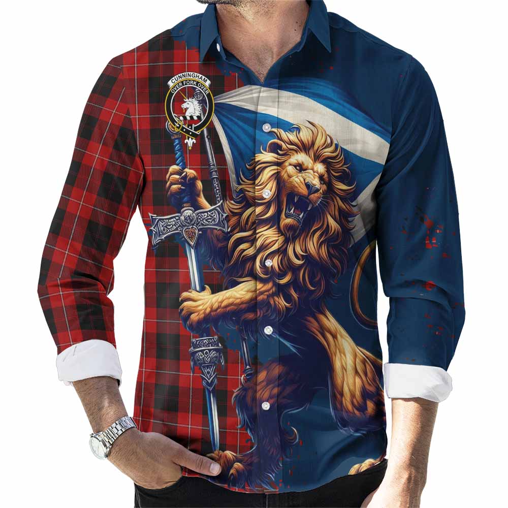 Tartan Vibes Clothing Cunningham Tartan Family Crest Long Sleeve Button Shirt with Scottish Majestic Lion