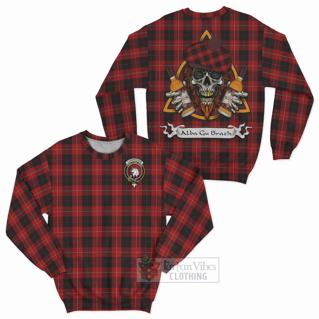 Tartan Vibes Clothing Cunningham Tartan Sweatshirt with Family Crest and Bearded Skull Holding Bottles of Whiskey