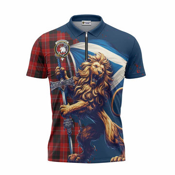 Cunningham Tartan Family Crest Zipper Polo Shirt with Scottish Majestic Lion