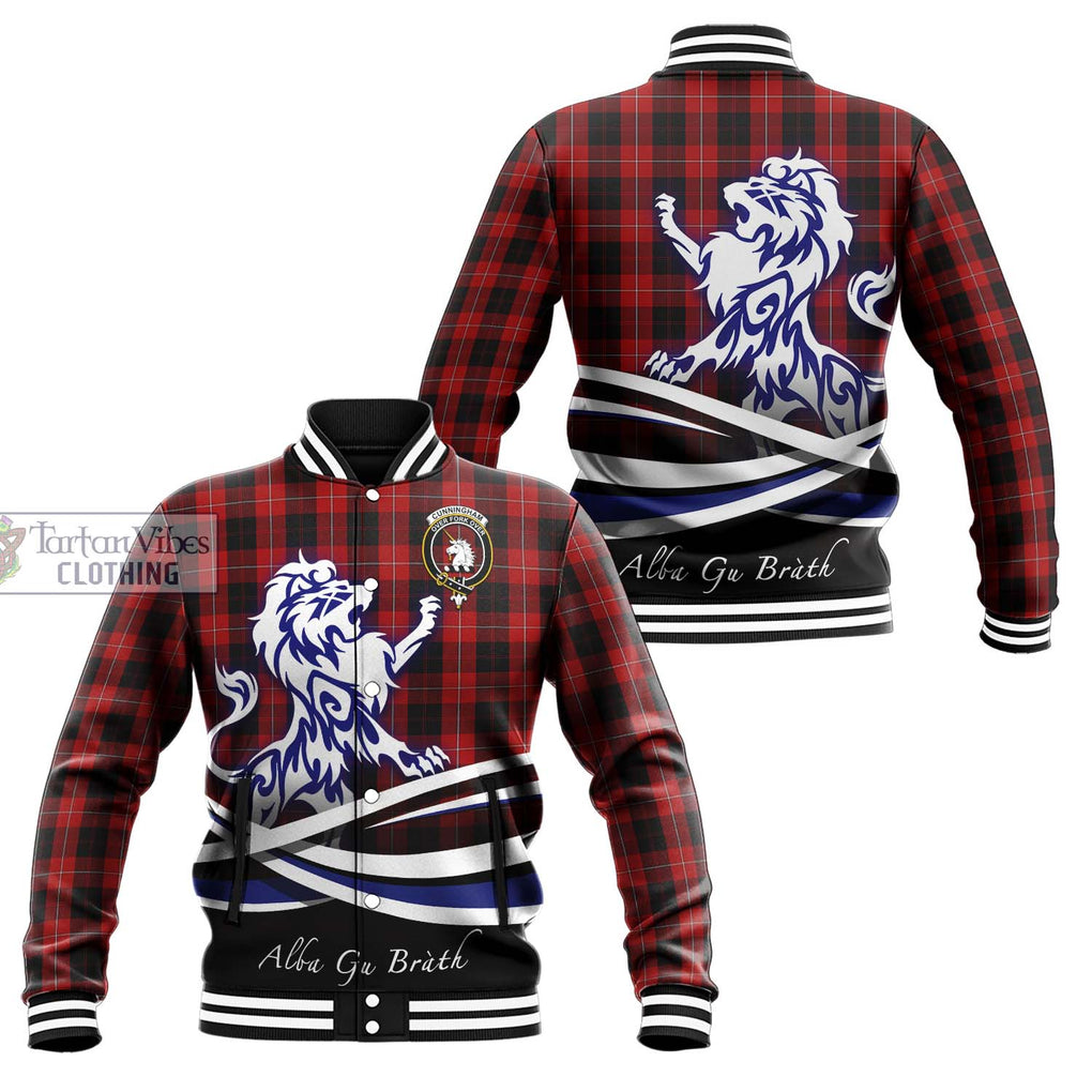 Cunningham Tartan Baseball Jacket with Alba Gu Brath Regal Lion Emblem Unisex - Tartanvibesclothing Shop