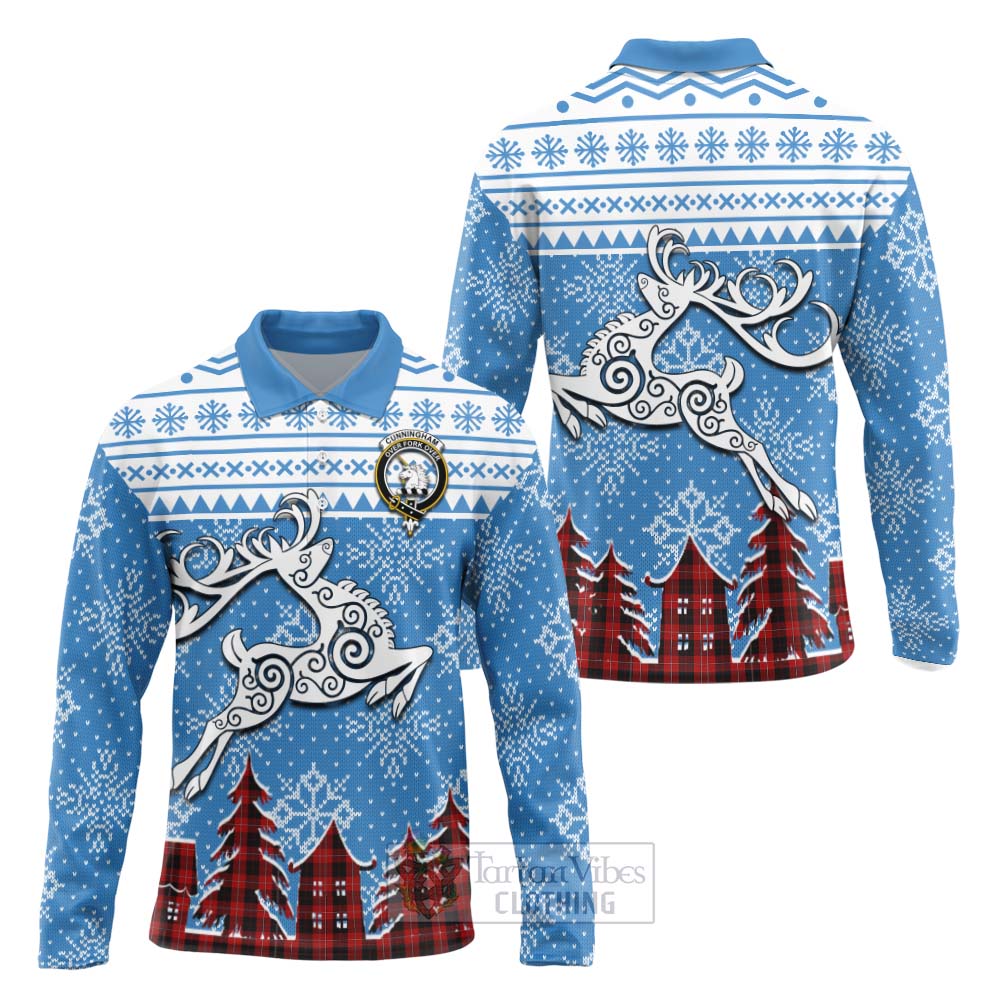 Tartan Vibes Clothing Cunningham Clan Christmas Long Sleeve Polo Shirt Celtic Reindeer Style