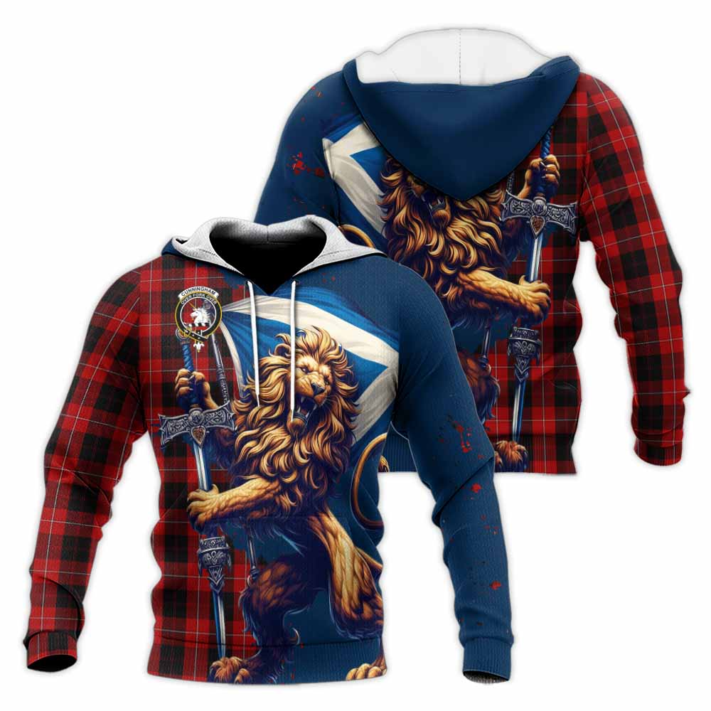 Tartan Vibes Clothing Cunningham Tartan Family Crest Knitted Hoodie with Scottish Majestic Lion