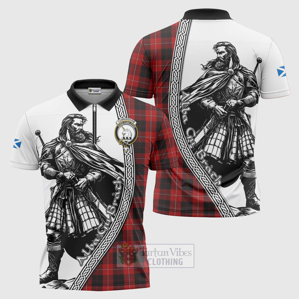 Tartan Vibes Clothing Cunningham Tartan Clan Crest Zipper Polo Shirt with Highlander Warrior Celtic Style