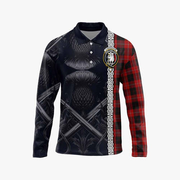 Cunningham Tartan Long Sleeve Polo Shirt with Family Crest Cross Sword Thistle Celtic Vibes