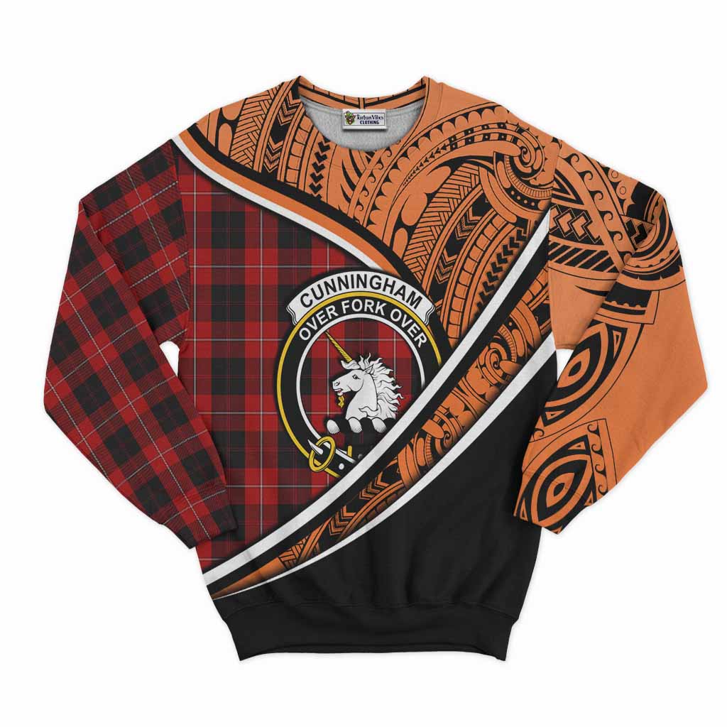 Tartan Vibes Clothing Cunningham Crest Tartan Sweatshirt with Maori Tattoo Style - Orange Version