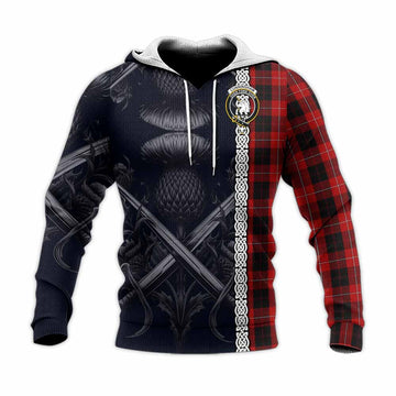 Cunningham Tartan Knitted Hoodie with Family Crest Cross Sword Thistle Celtic Vibes