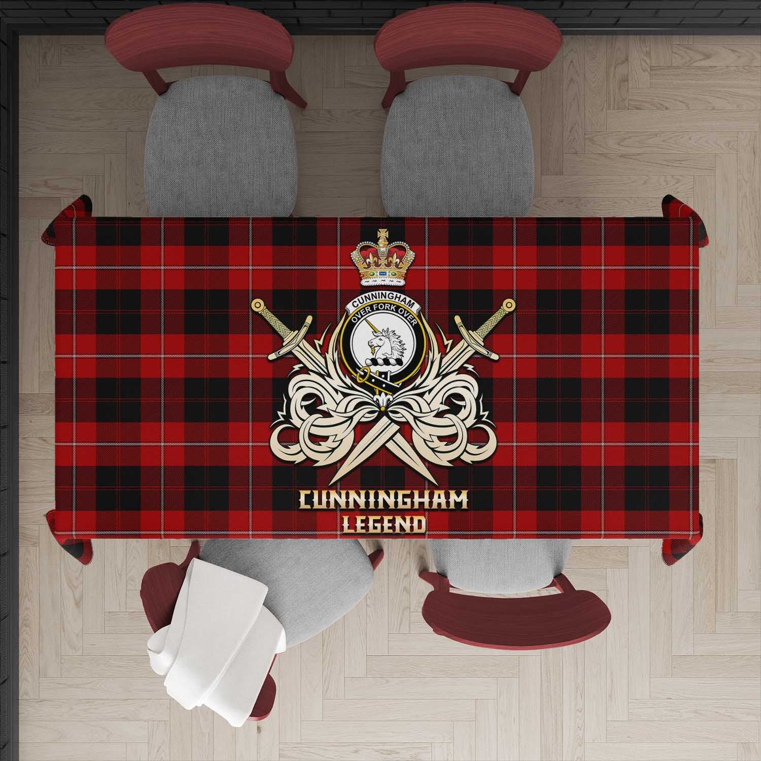 Tartan Vibes Clothing Cunningham Tartan Tablecloth with Clan Crest and the Golden Sword of Courageous Legacy