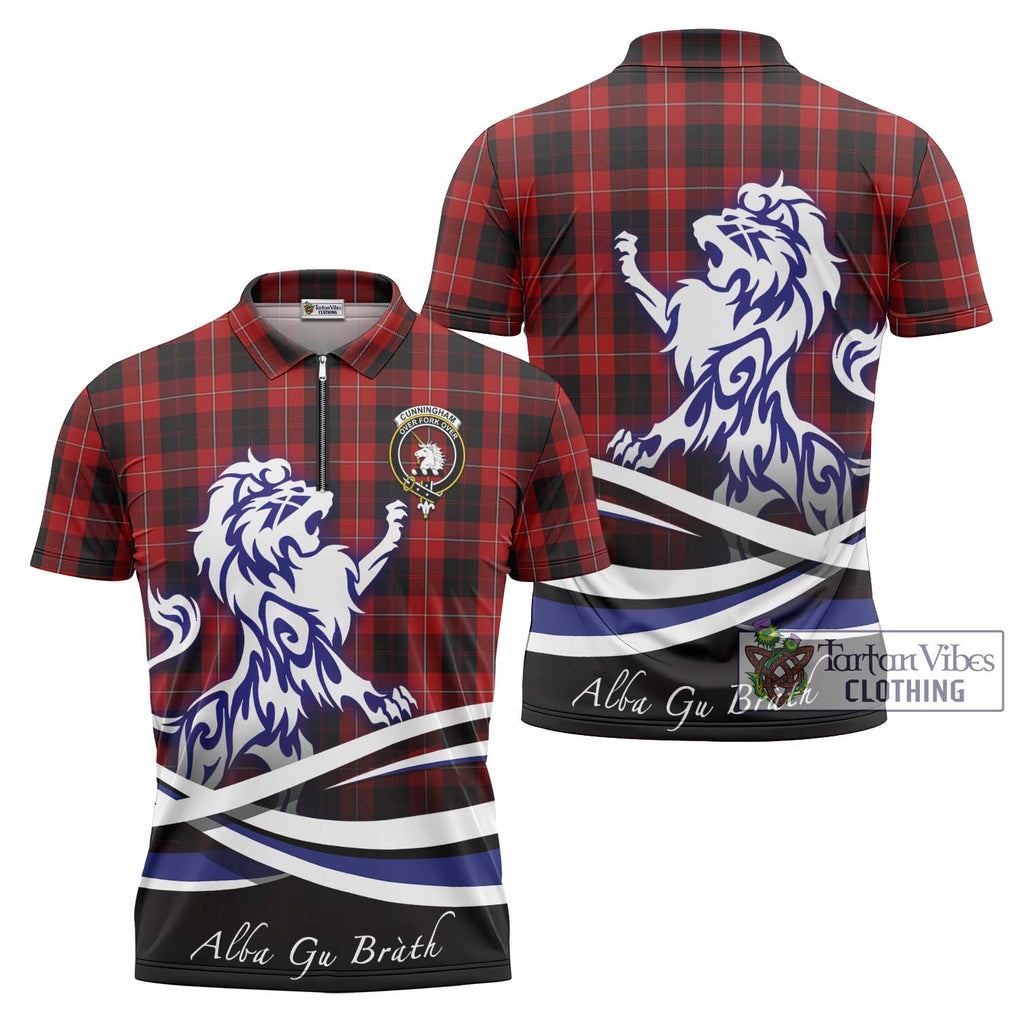 Cunningham Tartan Zipper Polo Shirt with Alba Gu Brath Regal Lion Emblem Unisex - Tartanvibesclothing Shop