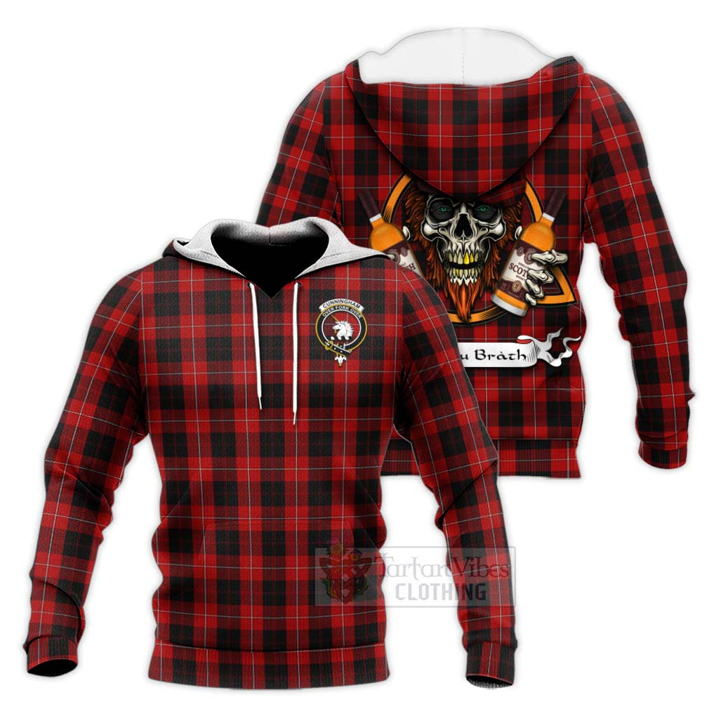 Tartan Vibes Clothing Cunningham Tartan Knitted Hoodie with Family Crest and Bearded Skull Holding Bottles of Whiskey