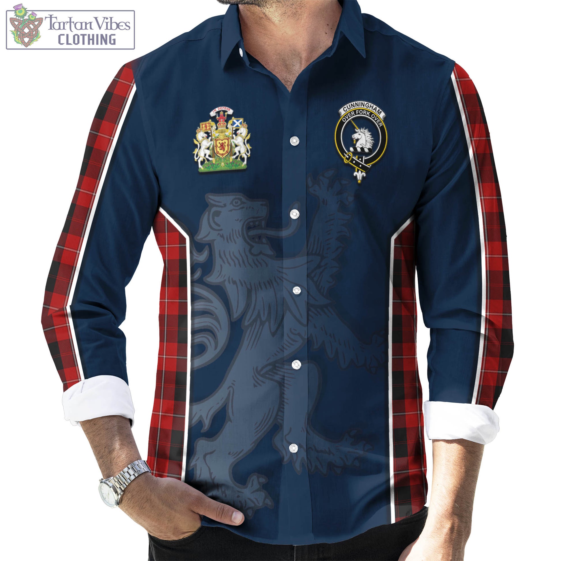 Tartan Vibes Clothing Cunningham Tartan Long Sleeve Button Up Shirt with Family Crest and Lion Rampant Vibes Sport Style