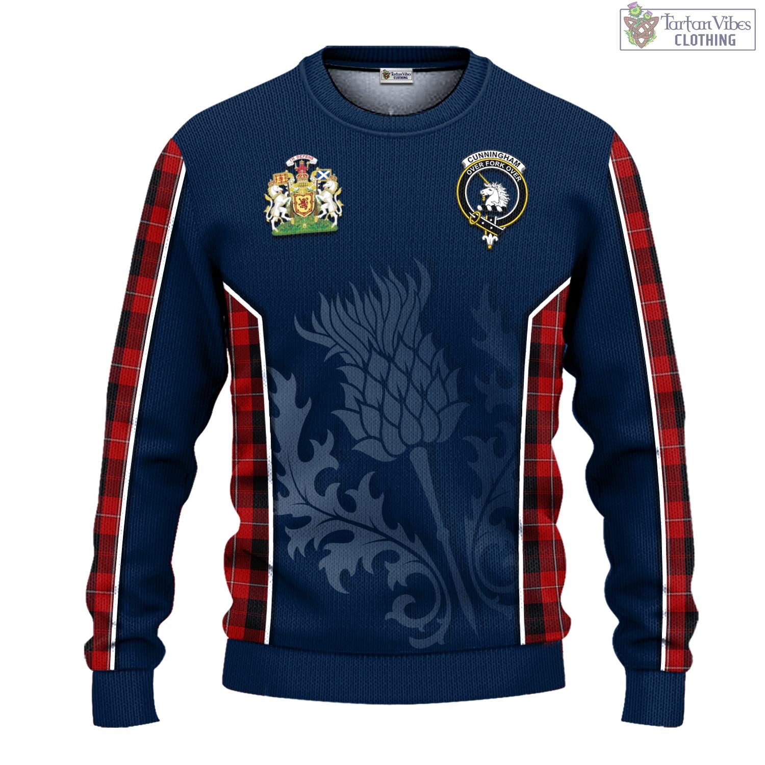 Tartan Vibes Clothing Cunningham Tartan Knitted Sweatshirt with Family Crest and Scottish Thistle Vibes Sport Style