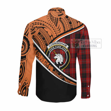 Cunningham Crest Tartan Long Sleeve Button Shirt with Polynesian Vibes Style - Orange Version