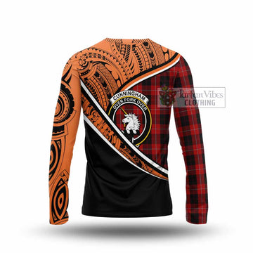 Cunningham Crest Tartan Long Sleeve T-Shirt with Polynesian Vibes Style - Orange Version