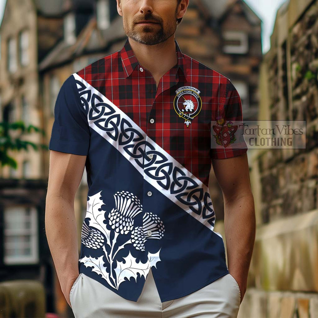 Tartan Vibes Clothing Cunningham Tartan Short Sleeve Button Shirt Featuring Thistle and Scotland Map