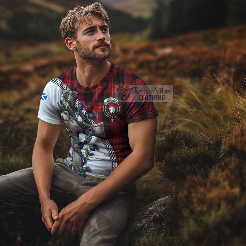 Tartan Vibes Clothing Cunningham Agnew Tartan T-Shirt with Family Crest and St. Andrew's Cross Accented by Thistle Vines