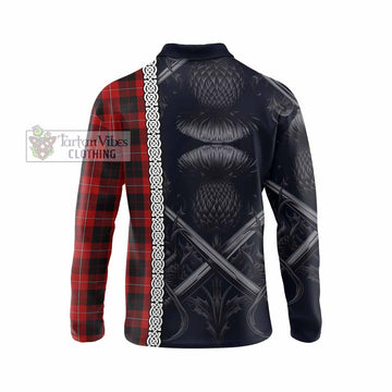 Cunningham Tartan Long Sleeve Polo Shirt with Family Crest Cross Sword Thistle Celtic Vibes