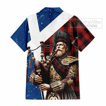 Cunningham Tartan Short Sleeve Button Shirt with Family Crest Scottish Bagpiper Vibes