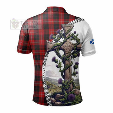 Cunningham Tartan Polo Shirt with Family Crest and St. Andrew's Cross Accented by Thistle Vines